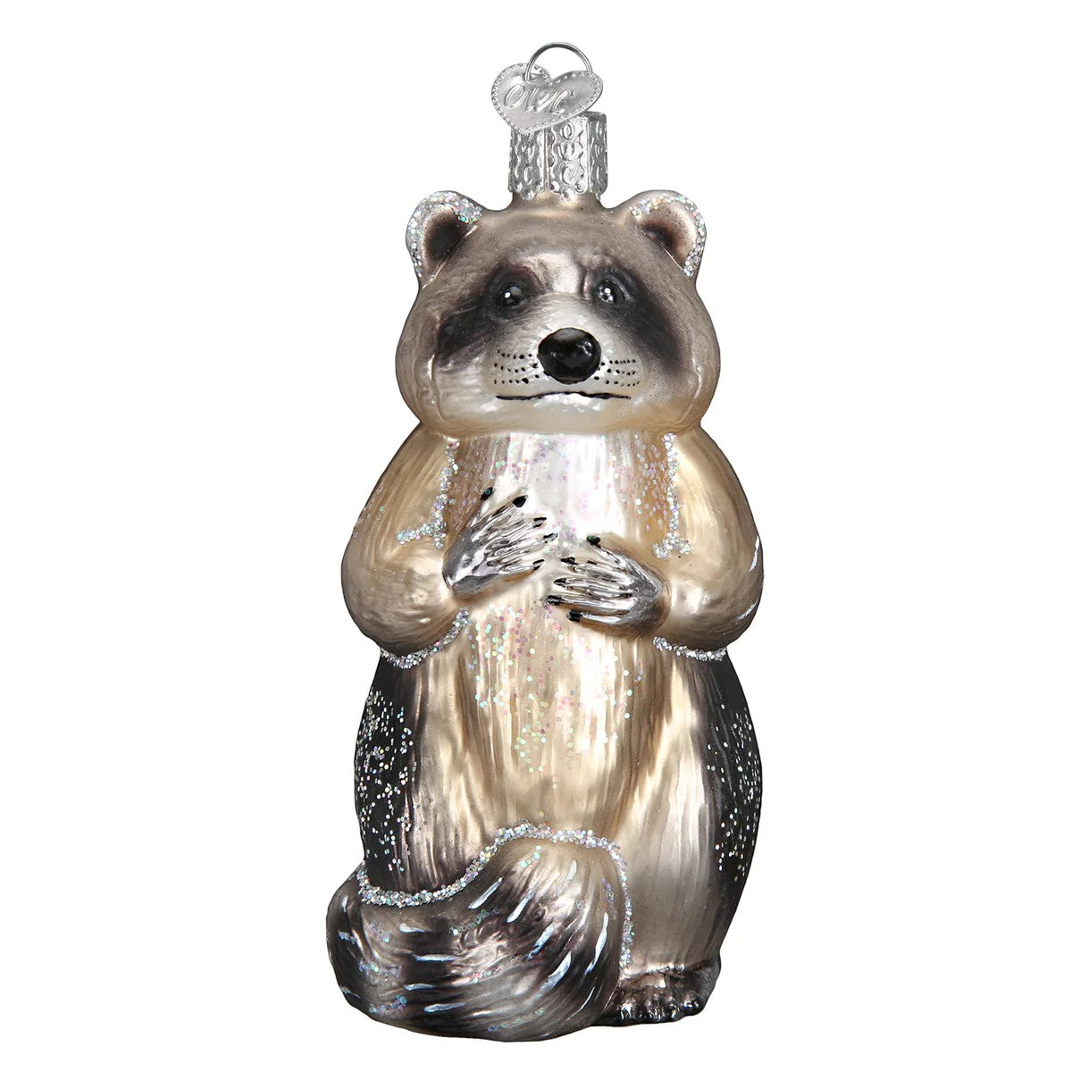 Mellow Monkey Raccoon Old World Christmas blown glass ornament with glitter accents and a heart-shaped topper.