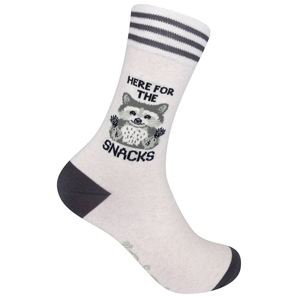 Mellow Monkey off-white cotton blend socks featuring a raccoon graphic and the text Here For The Snacks