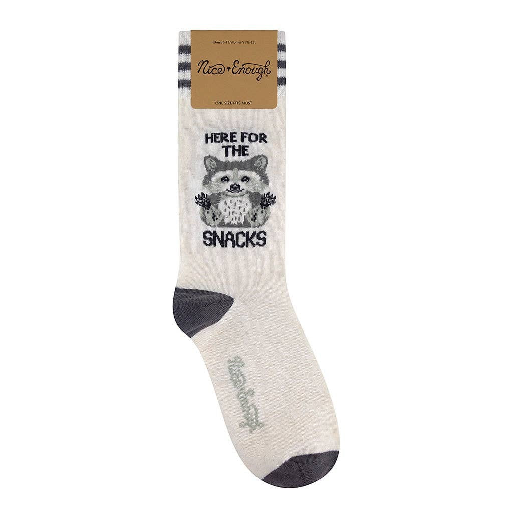 Mellow Monkey off-white cotton blend crew socks featuring a raccoon graphic and the text Here For The Snacks