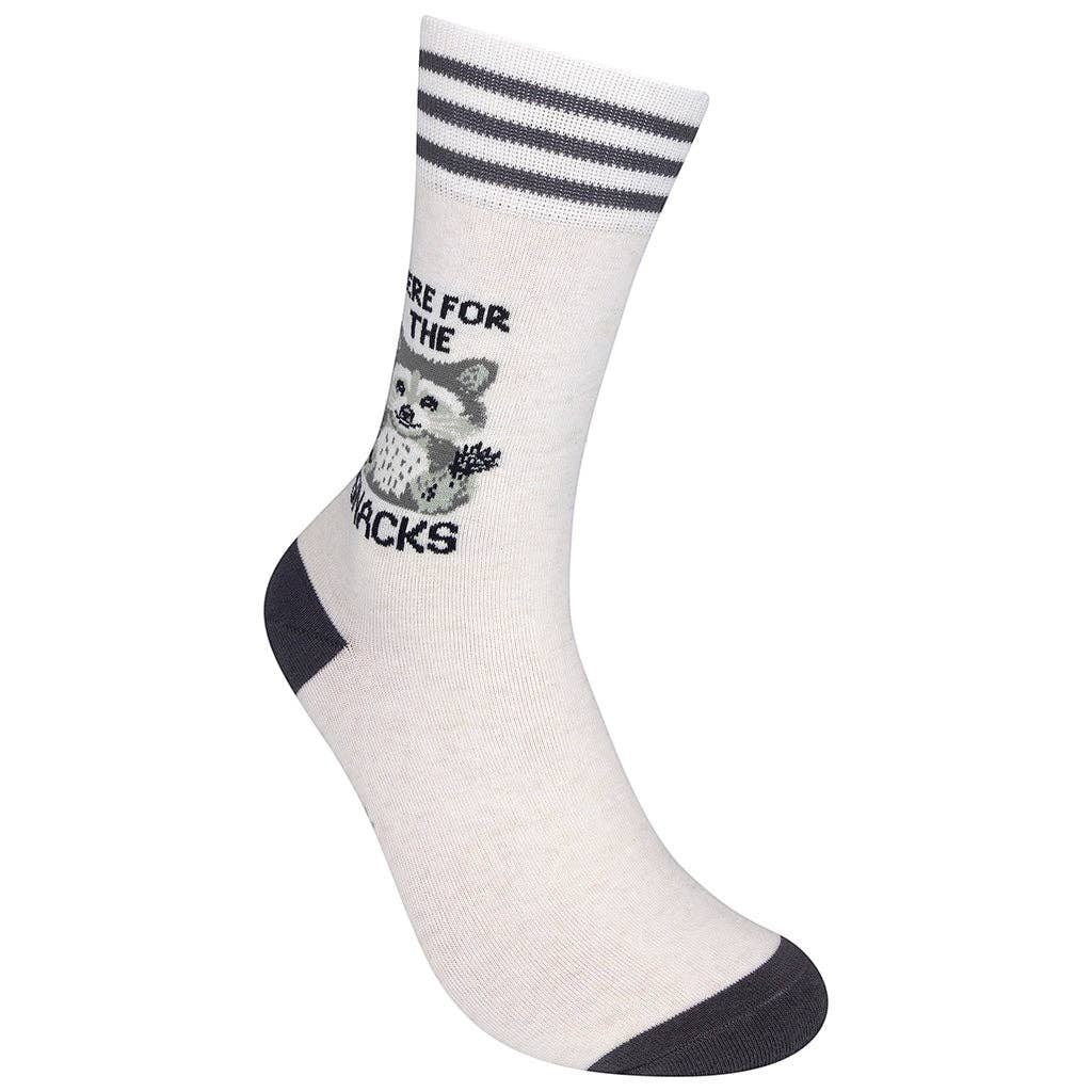 Mellow Monkey off-white cotton blend socks featuring a raccoon graphic and the text Here For The Snacks
