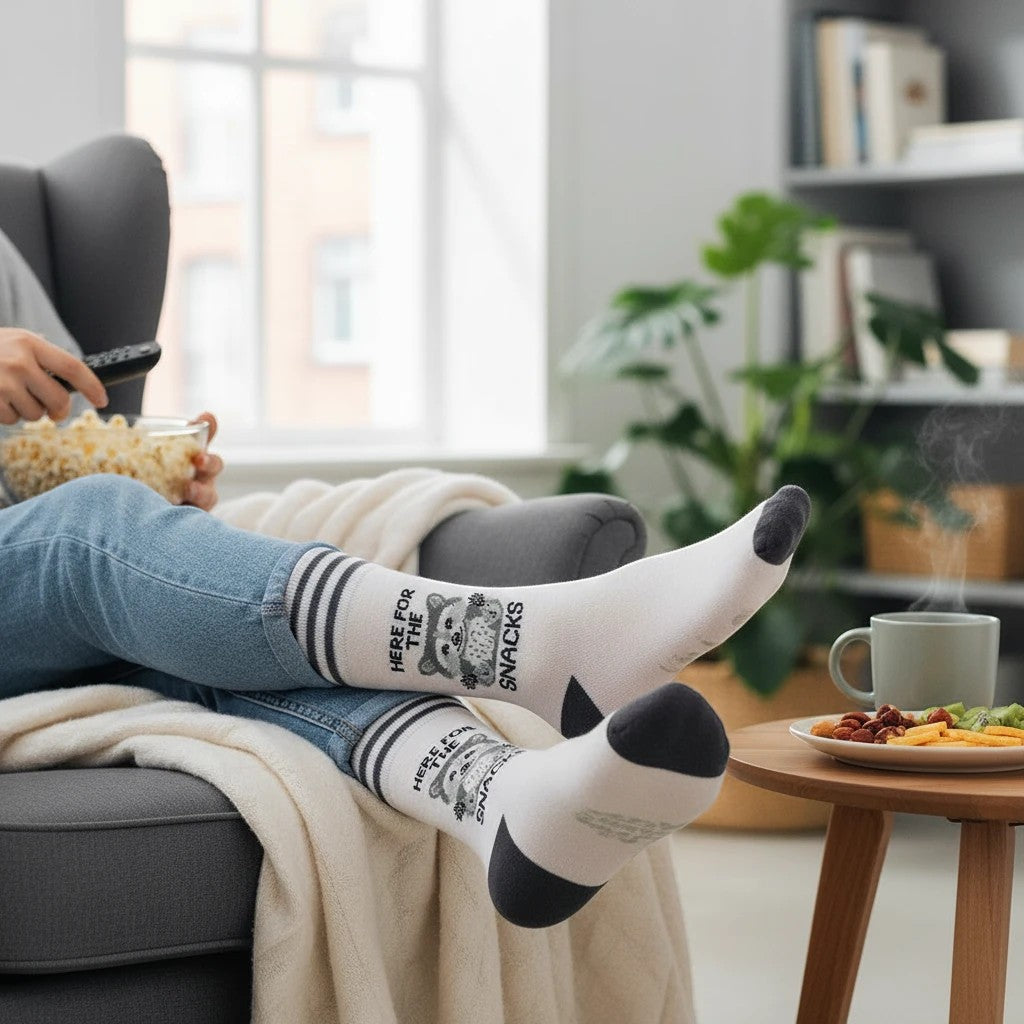 Mellow Monkey crew socks with a raccoon graphic and Here for the Snacks text, featuring grey stripes and accents.