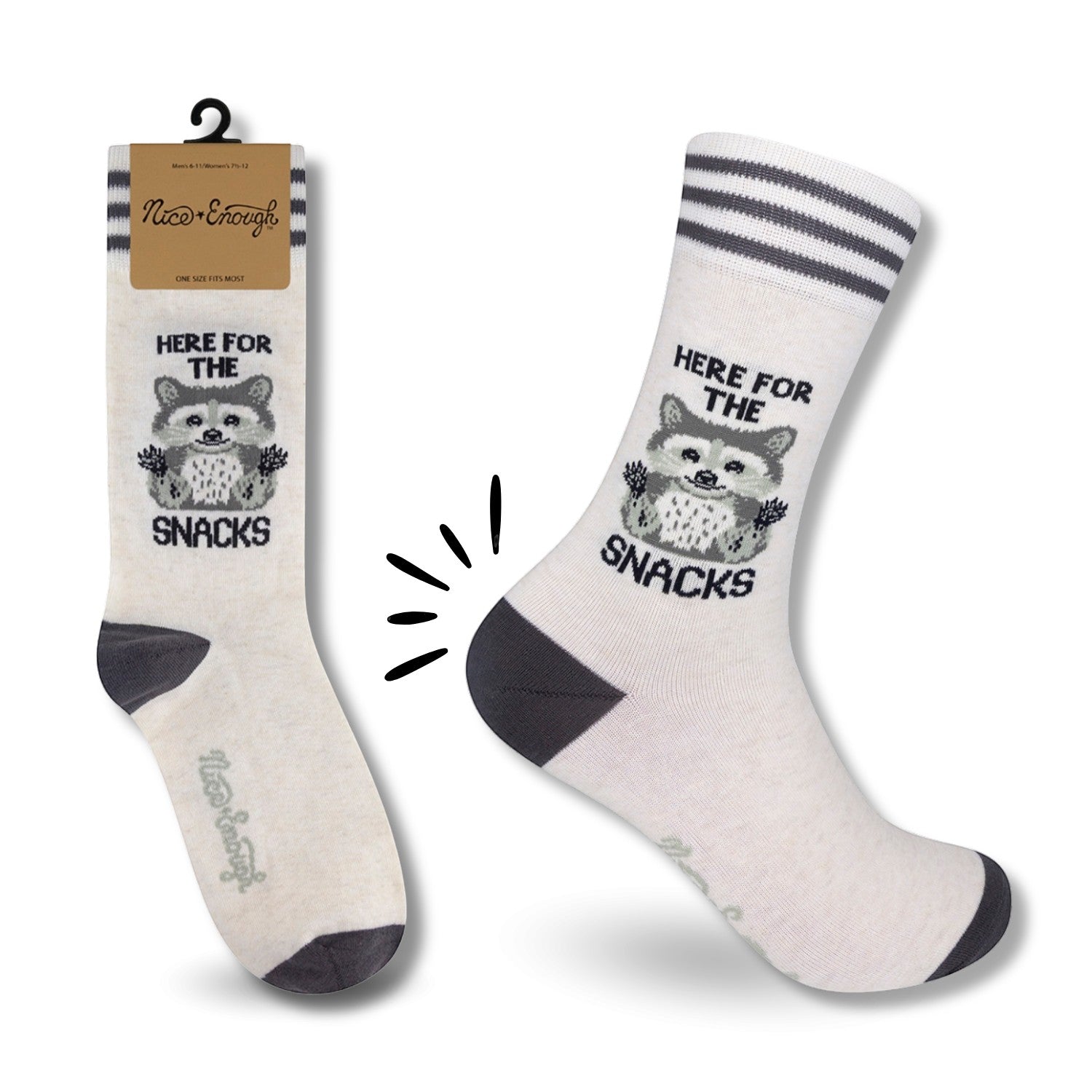 Mellow Monkey off-white cotton blend socks featuring a raccoon graphic and the text Here For The Snacks