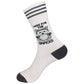 Mellow Monkey off-white cotton blend socks featuring a raccoon graphic and the text Here For The Snacks