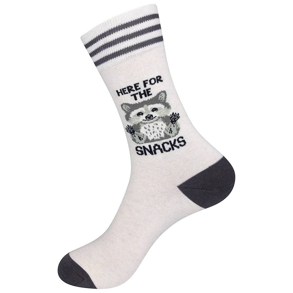 Mellow Monkey off-white cotton blend socks featuring a raccoon graphic and the text Here For The Snacks