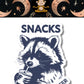 Mellow Monkey vinyl sticker featuring a cute raccoon drinking from a cup with the text Snacks Make Me Nicer