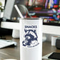 Mellow Monkey vinyl sticker featuring a raccoon drinking on a white tumbler on a desk