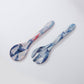 Mellow Monkey Race Day melamine salad utensils featuring Kim Hovell art with blue and white abstract sailing motifs.