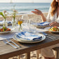 Mellow Monkey Race Day dinner napkins (set of 4) feature blue and white abstract art on 100% cotton. Set for beach dining.