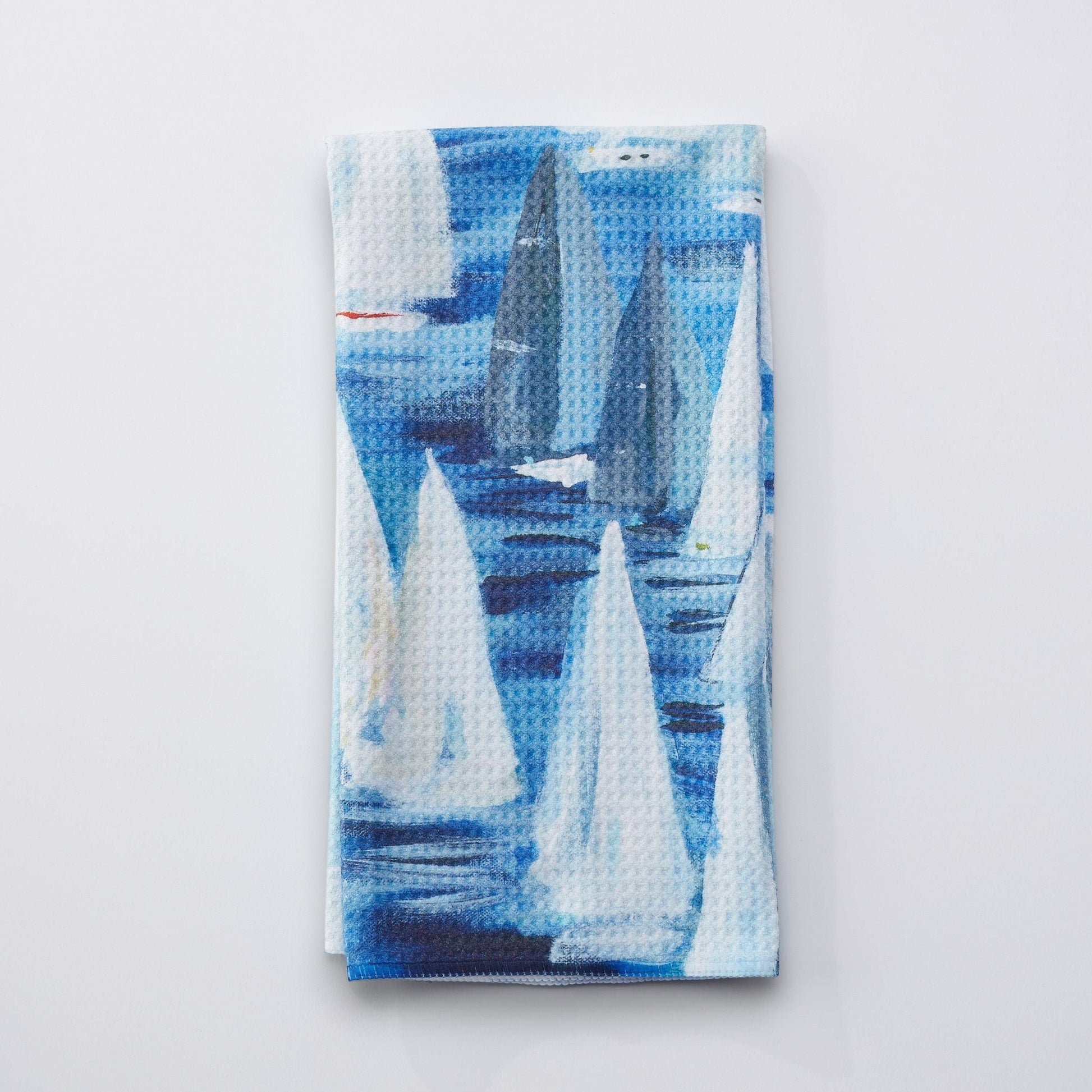 Mellow Monkey Race Day microfiber tea towel with sailboat art. Blue and white.