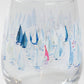 Mellow Monkey Race Day stemless wine glass with a watercolor print of sailboats in blue, white, and pink.