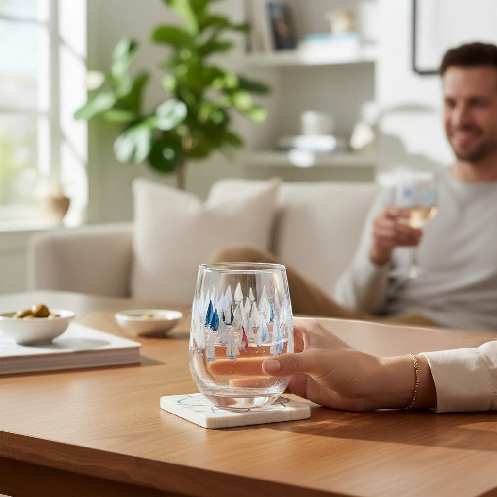 Mellow Monkey Race Day stemless wine glass with sailboat art in blue and red. 15.25 oz.