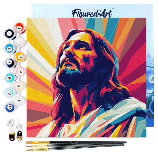 Mellow Monkey Radiant Jesus mini paint by numbers kit for adults, 8"x8", includes canvas, brushes, paints, and hardware.