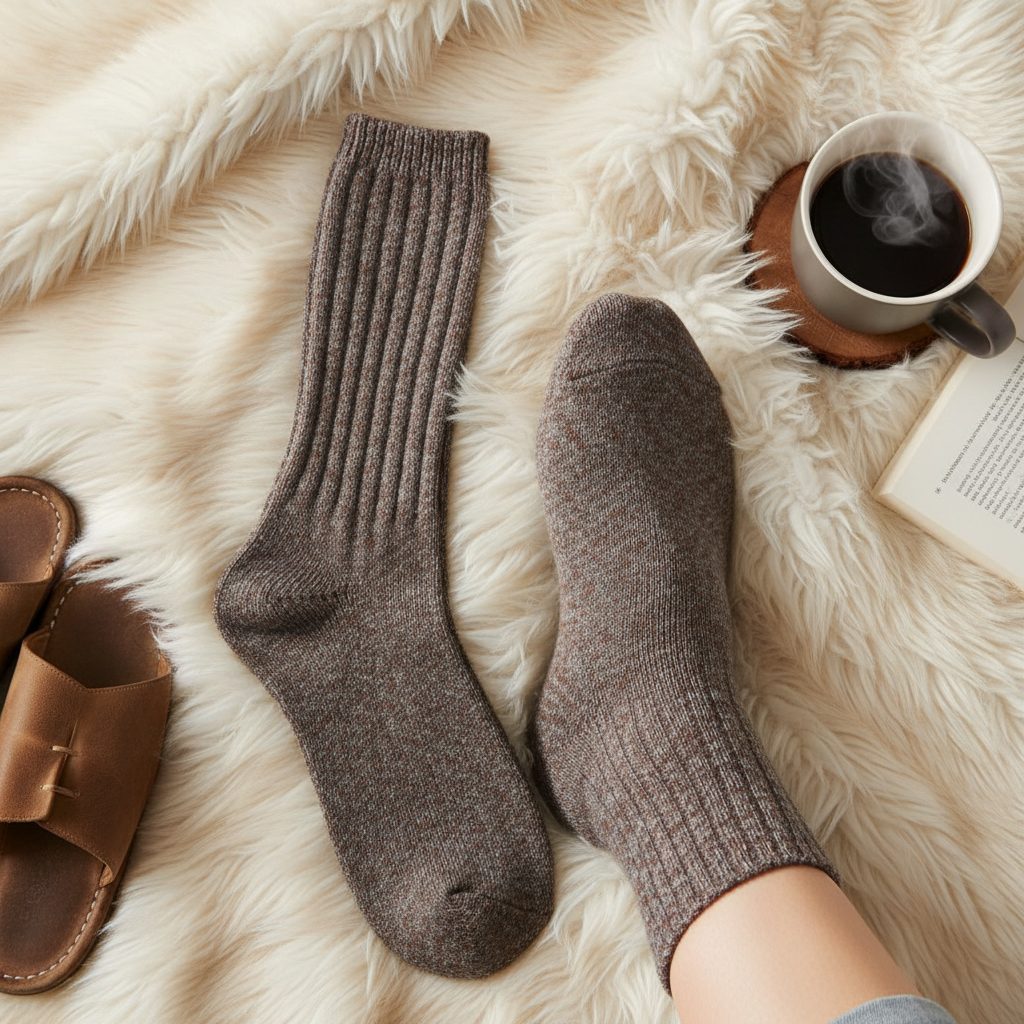 Mellow Monkey Ragg Stone crew socks with ribbed texture worn on a cozy faux fur rug next to a steaming coffee mug.