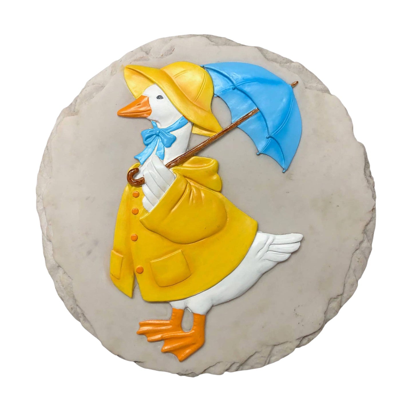 Mellow Monkey round resin stepping stone featuring a white goose in a yellow raincoat and blue umbrella wall plaque