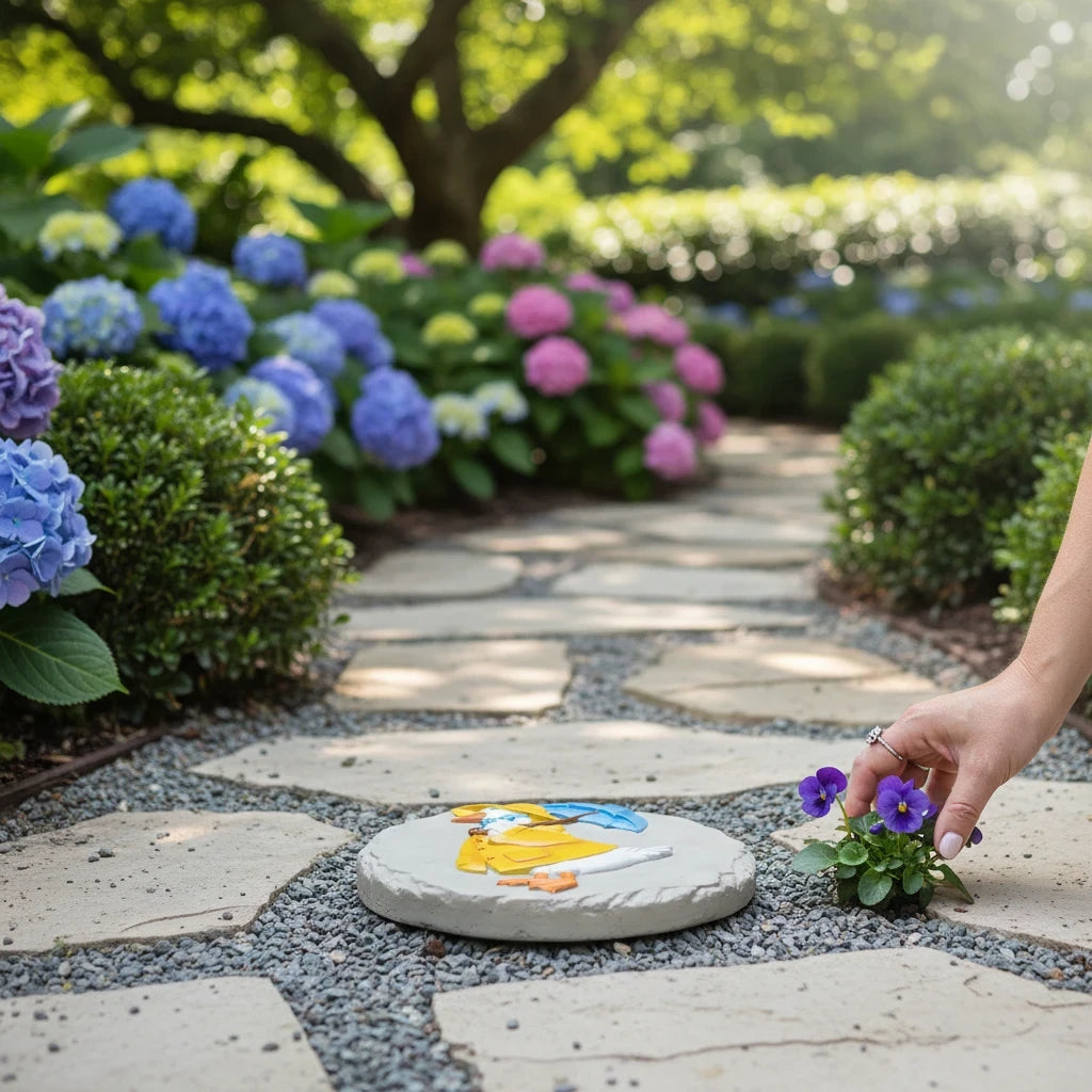 Mellow Monkey Rain Goose stepping stone plaque with yellow raincoat design placed on a garden path near purple flowers