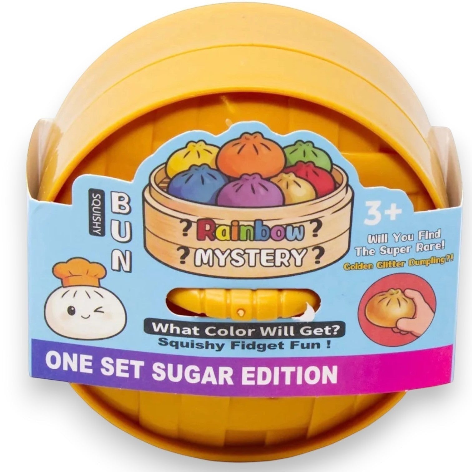 Mellow Monkey Rainbow Glitter Mystery Dumpling squishy toy in a yellow steamed bun container for fidget fun.