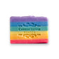 Mellow Monkey Love Rainbow Pride handmade bar soap, 4-oz, with vibrant rainbow stripes and embossed logo.