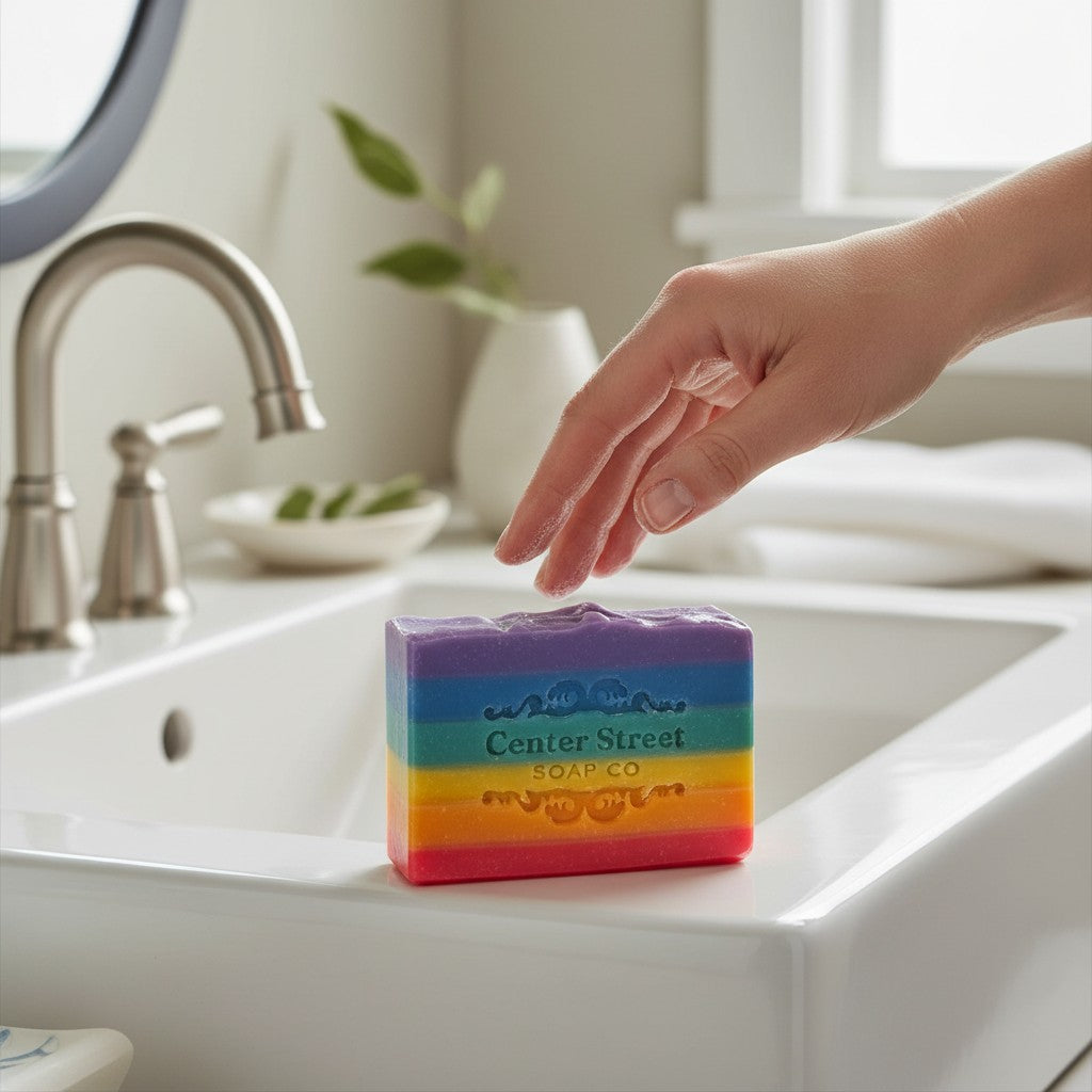 Mellow Monkey Love Rainbow Pride handmade bar soap, 4-oz, with purple, blue, green, yellow, and pink stripes.