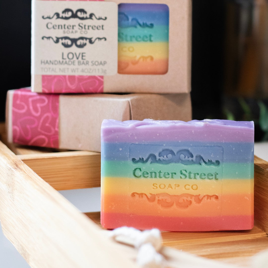 Mellow Monkey Love Rainbow Pride handmade bar soap, 4oz, with mango, lemon, and raspberry scents. Vegan and all-natural.