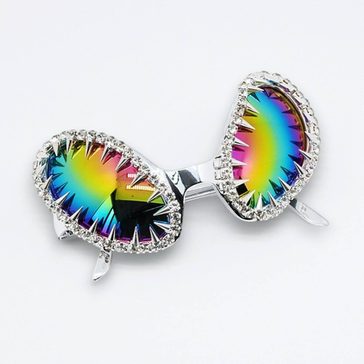 Mellow Monkey rainbow cat-eye sunglasses with silver spiked frames and crystal embellishments for a punk aesthetic.