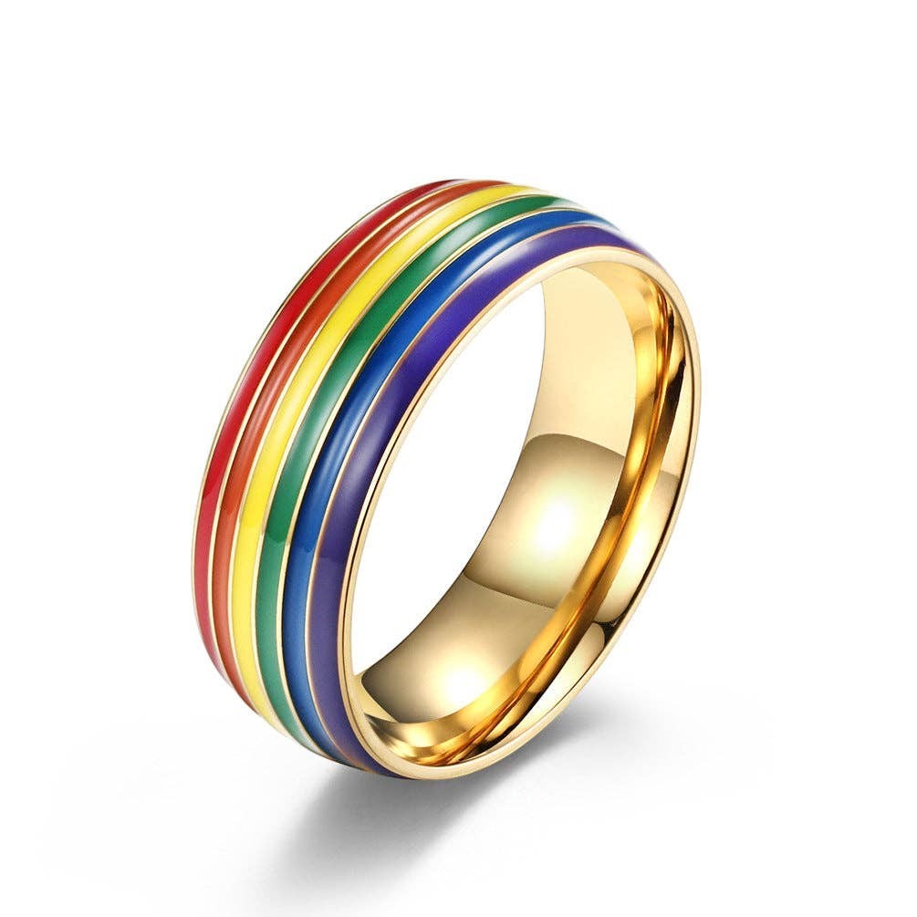 Mellow Monkey gold stainless steel ring featuring vibrant rainbow stripes with a high-polish finish.