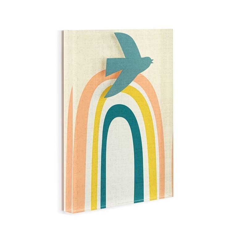 Mellow Monkey Together Tile acrylic wall art featuring a teal bird flying over a pastel rainbow on a cream background. 5 x 7-in.