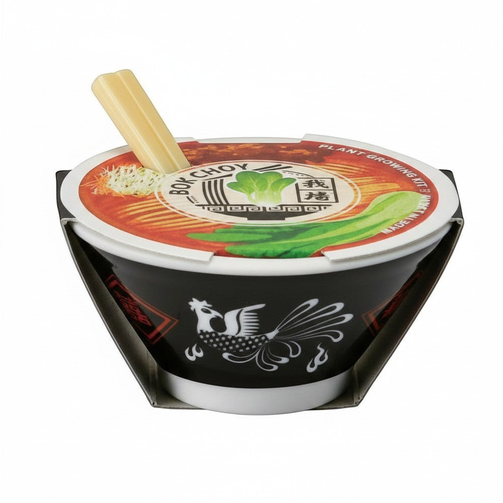 Mellow Monkey Ramen Garden Bok Choy plant growing kit in a black ceramic bowl with decorative phoenix design.