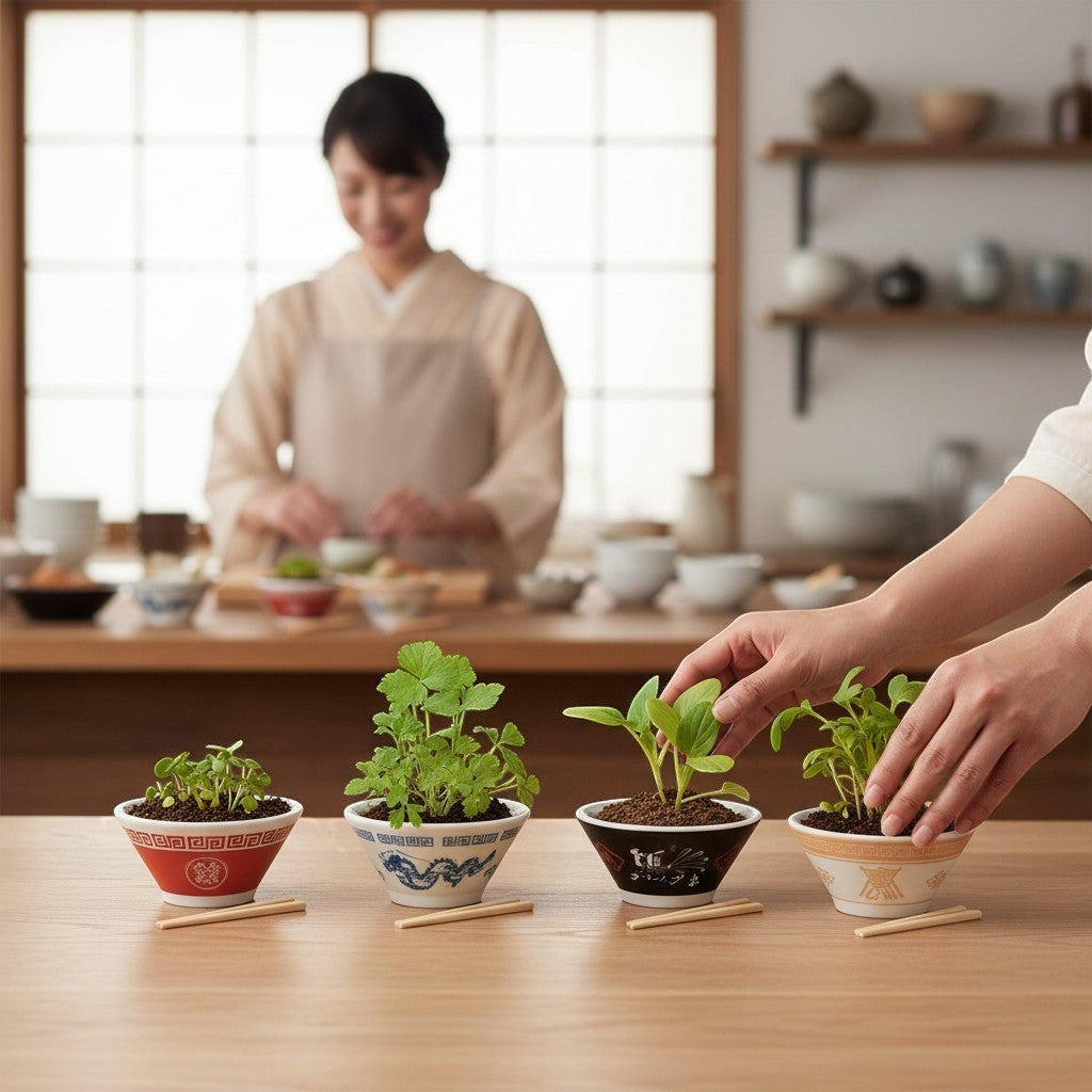 Mellow Monkey Ramen Garden kit with four ceramic bowls containing growing bok choy, garlic, mitsuba, and scallions.