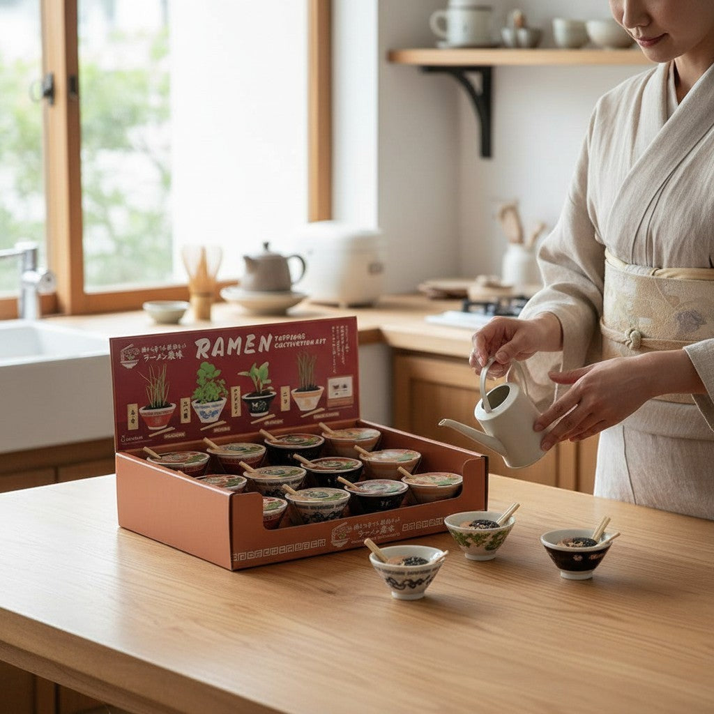 Mellow Monkey Ramen Garden plant growing kit with ceramic bowls, seeds, and chopsticks on a wooden kitchen table.