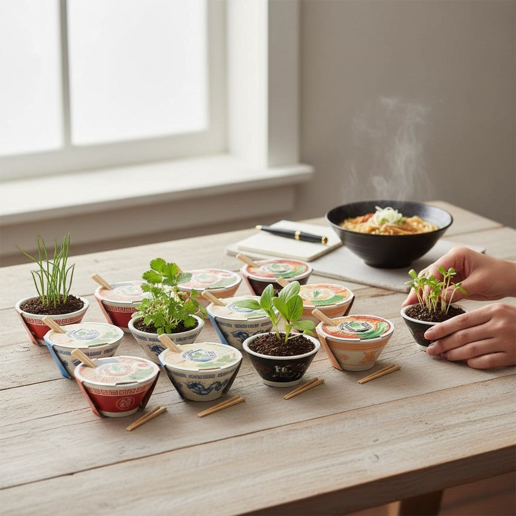 Mellow Monkey Ramen Garden plant growing kits in decorative ceramic bowls with seeds and tiny chopsticks on a table.