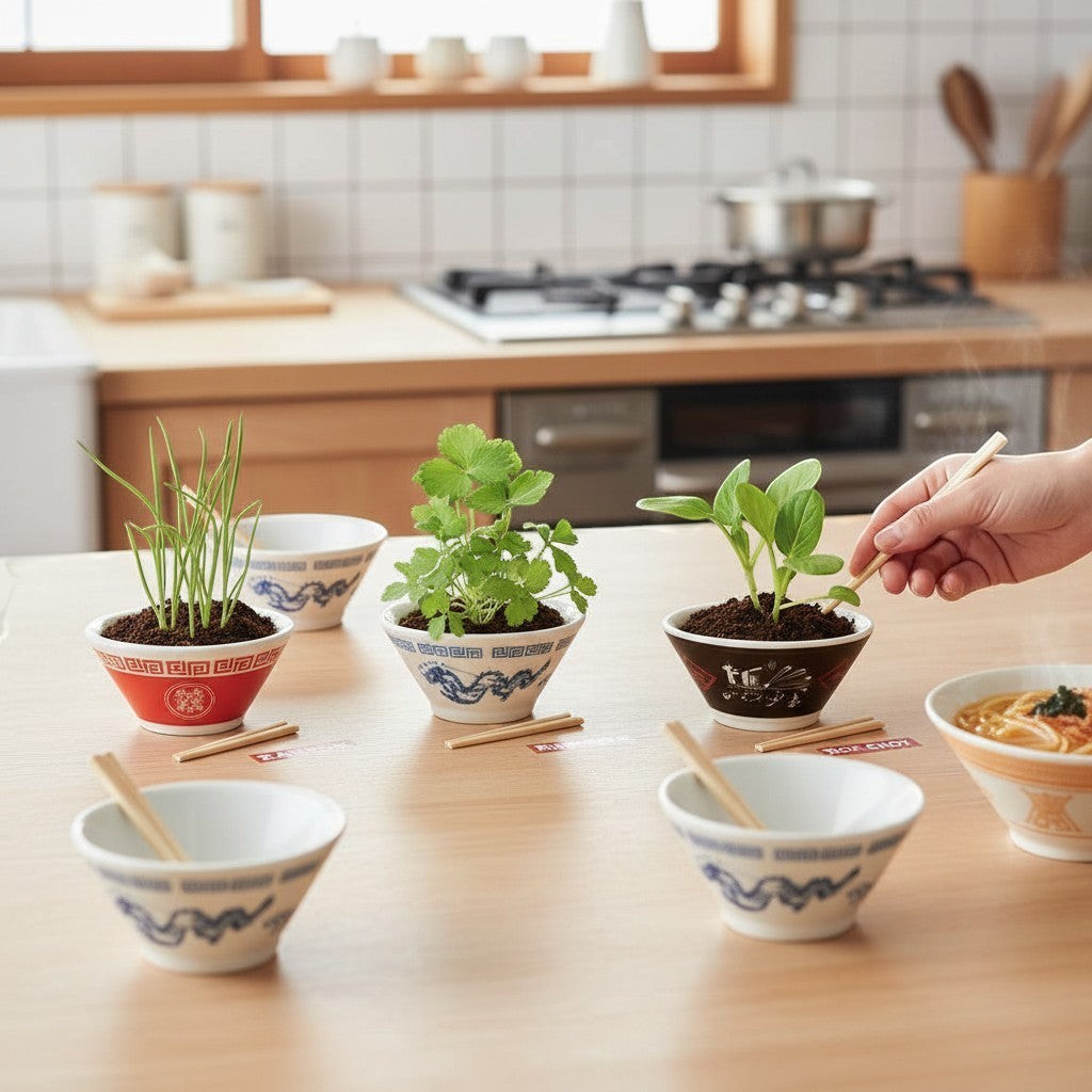 Mellow Monkey Ramen Garden plant growing kits in ceramic bowls with chopsticks, featuring bok choy and scallions.