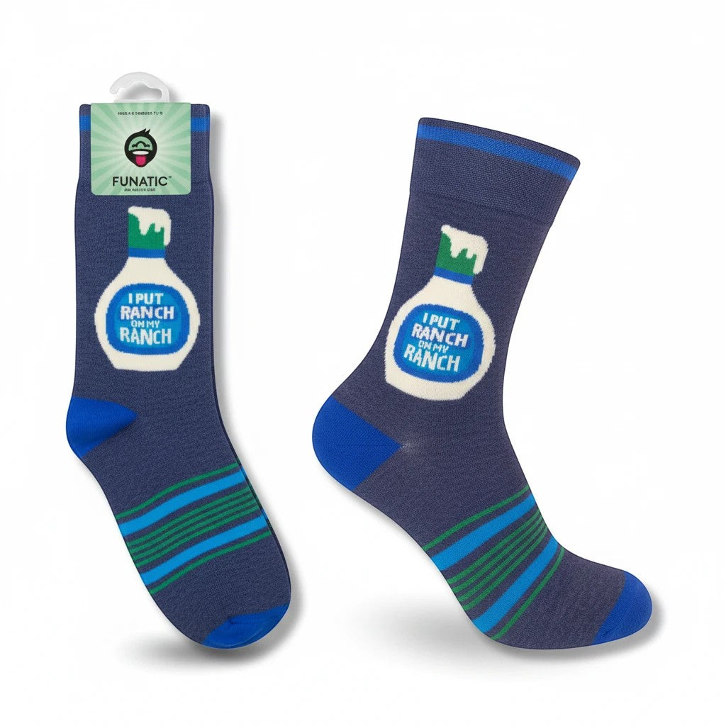 Mellow Monkey blue crew socks featuring a ranch dressing bottle graphic and the text I Put Ranch On My Ranch