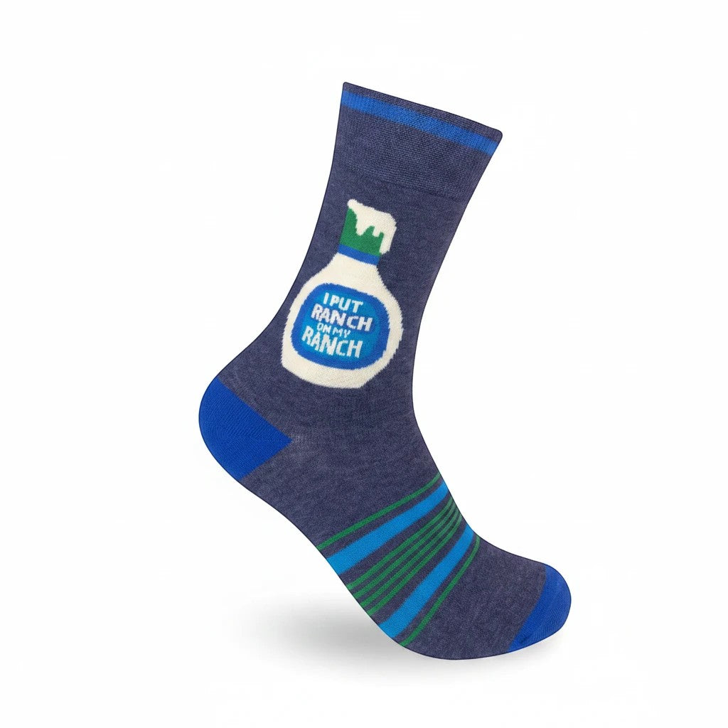 Mellow Monkey blue crew socks featuring a ranch dressing bottle graphic and the text I Put Ranch On My Ranch