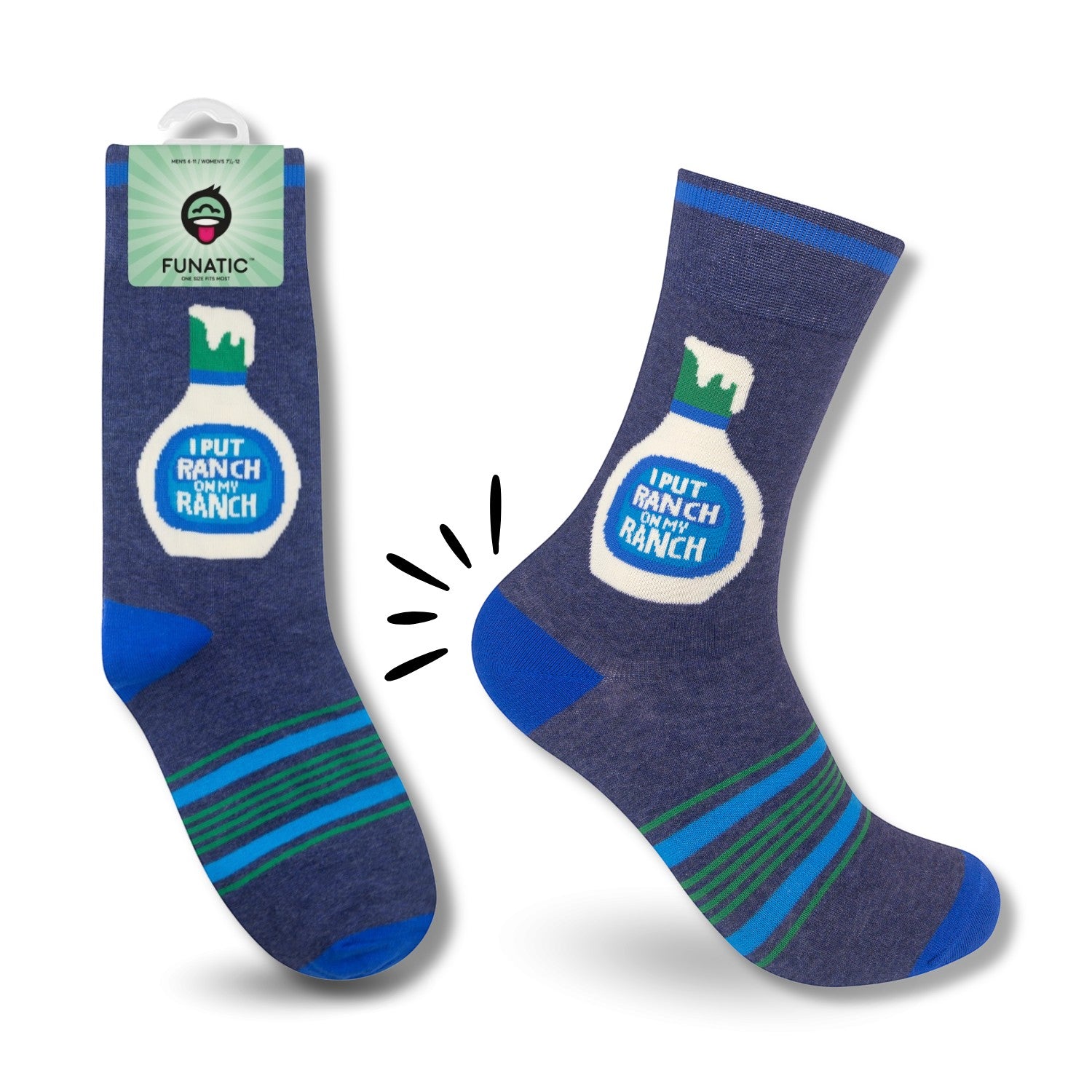 Mellow Monkey navy blue crew socks featuring a ranch dressing bottle graphic and the text I Put Ranch On My Ranch