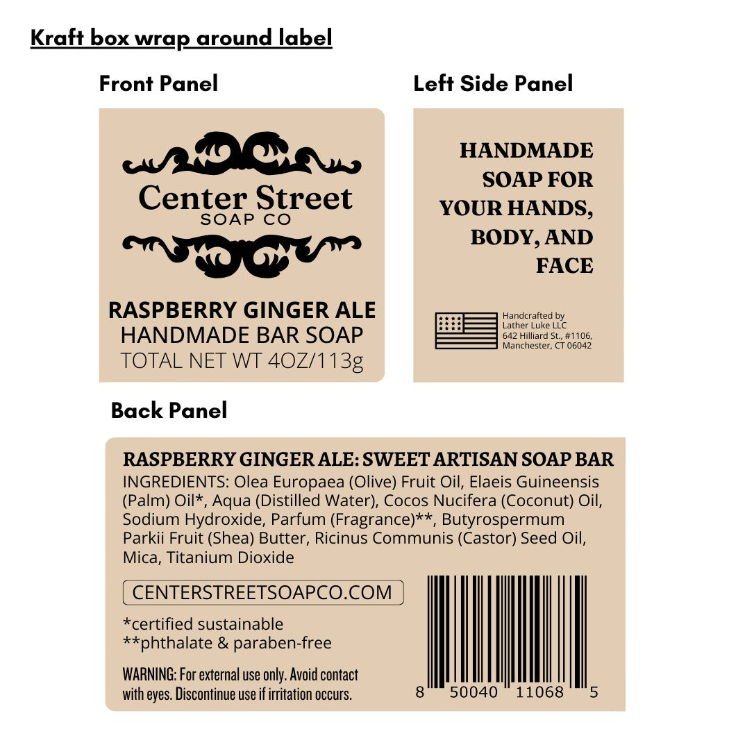Mellow Monkey Raspberry Ginger Ale artisan soap kraft box label with ingredients and branding details