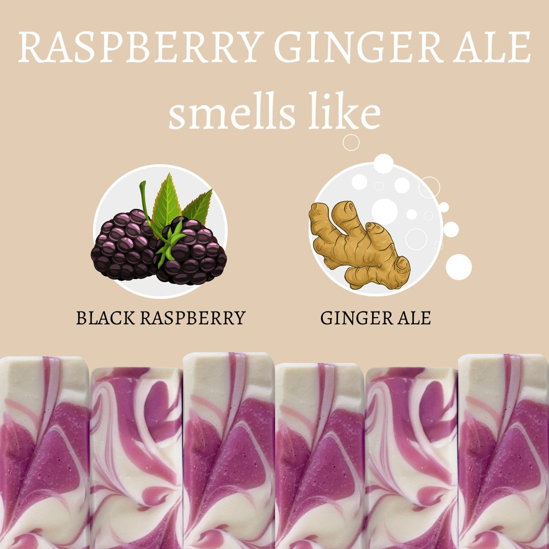Mellow Monkey Raspberry Ginger Ale artisan soap bars with purple and white swirls and fruit scent illustrations