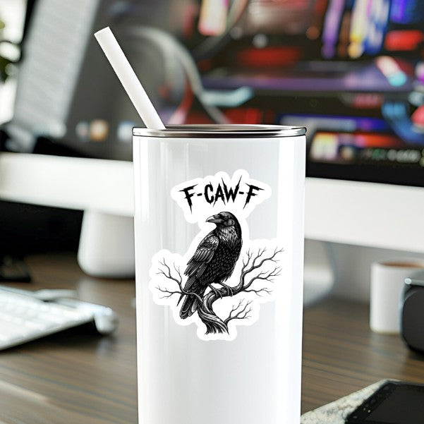 Mellow Monkey F-Caw-F vinyl sticker featuring a detailed black raven on a branch applied to a white tumbler