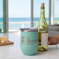 Mellow Monkey teal stainless steel 12-oz stemless wine tumbler with clear lid, featuring "The Real Housewife of Trumbull" text.
