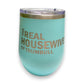 Mellow Monkey teal stainless steel 12-oz stemless wine tumbler with clear lid, featuring "The Real Housewife of Trumbull" text.