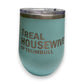 Mellow Monkey teal stainless steel 12-oz stemless wine tumbler with clear lid, featuring "The Real Housewife of Trumbull" text.