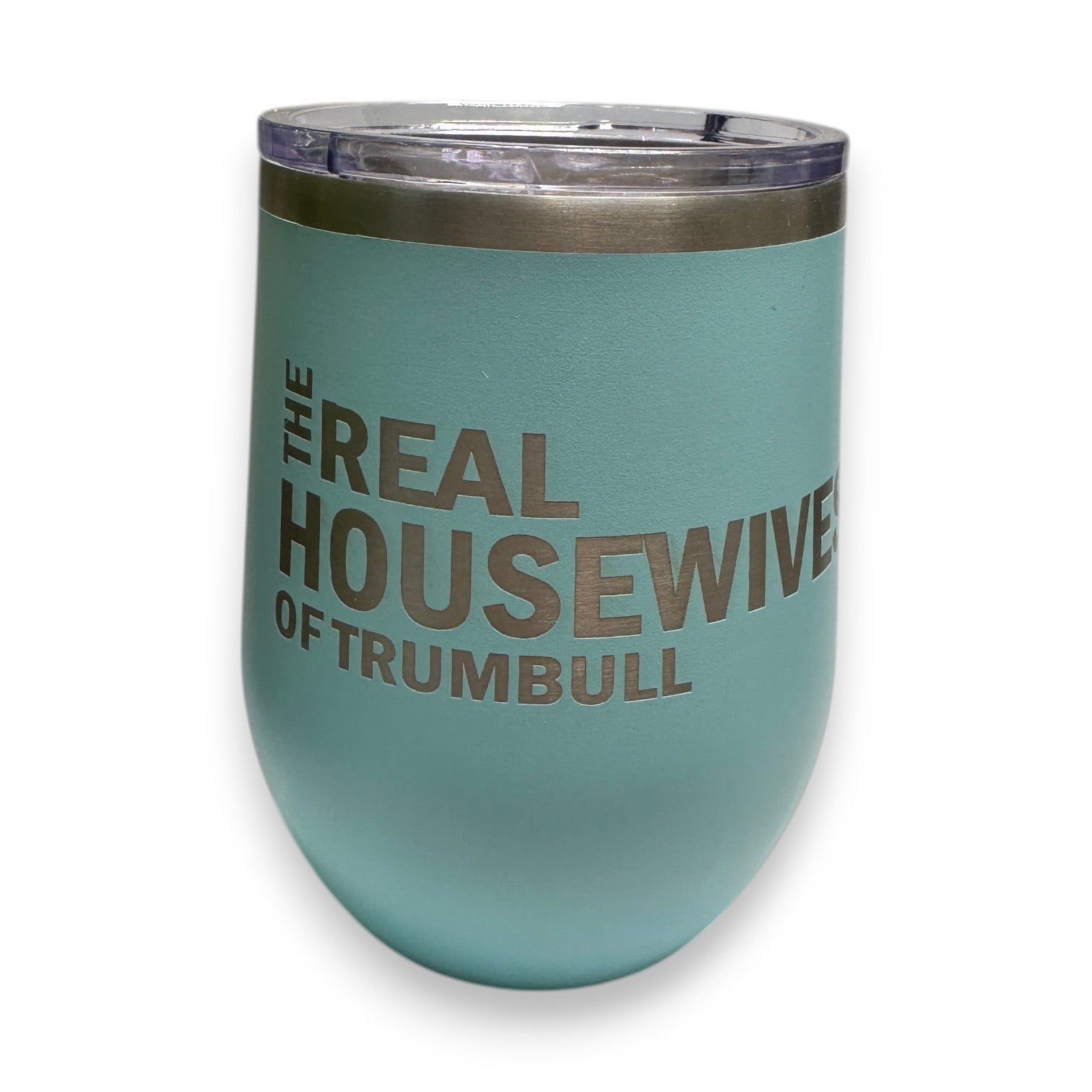 Mellow Monkey teal stainless steel 12-oz stemless wine tumbler with clear lid, featuring "The Real Housewife of Trumbull" text.