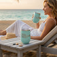 Mellow Monkey teal stainless steel 12-oz stemless wine tumbler with "The Real Housewife of Trumbull" engraved text and clear lid.