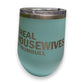 Mellow Monkey teal stainless steel 12-oz stemless wine tumbler with clear lid and "Real Housewives of Trumbull" text.