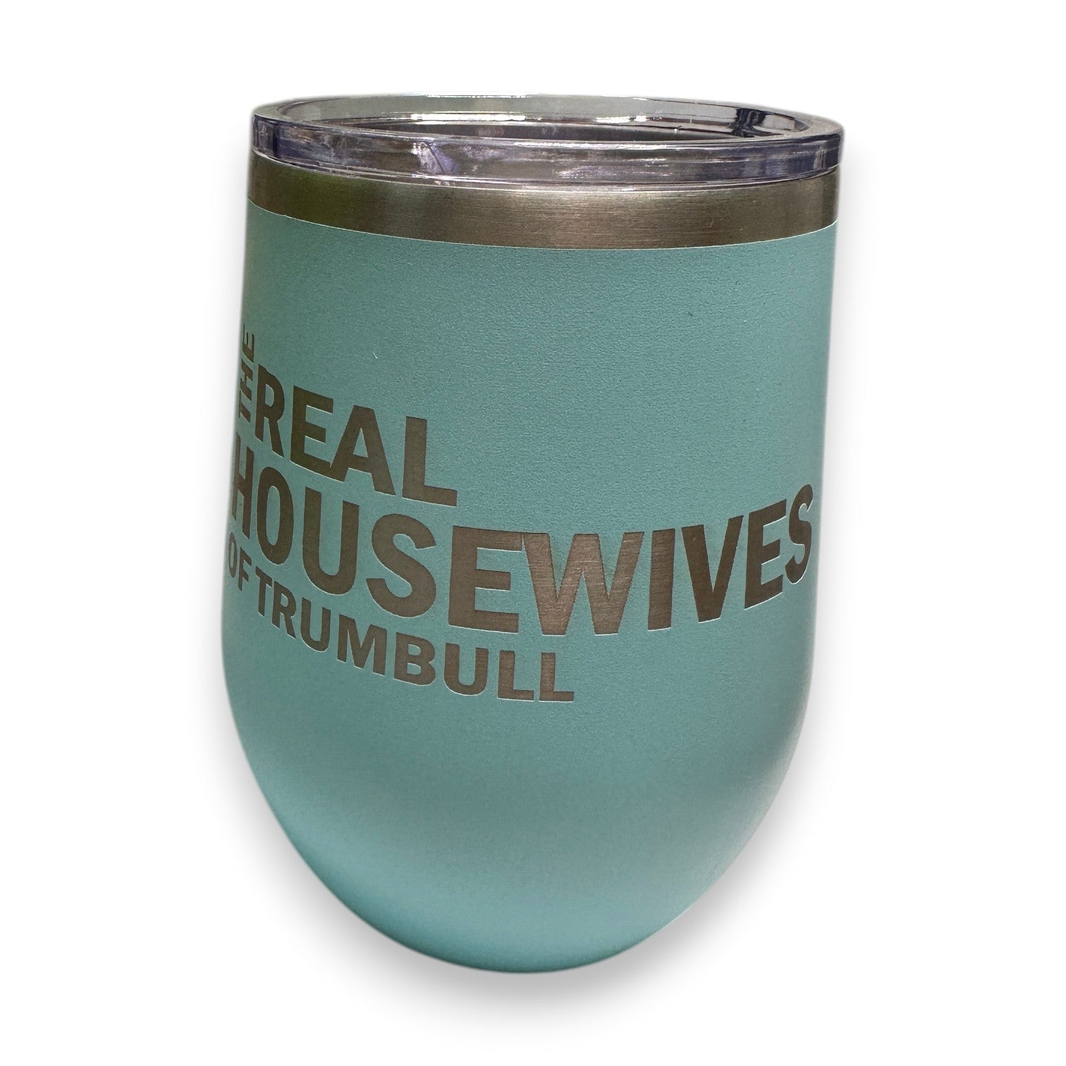 Mellow Monkey teal stainless steel 12-oz stemless wine tumbler with clear lid and "Real Housewives of Trumbull" text.