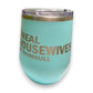 Mellow Monkey teal stainless steel 12-oz stemless wine tumbler with clear lid and "Real Housewives of Trumbull" text.