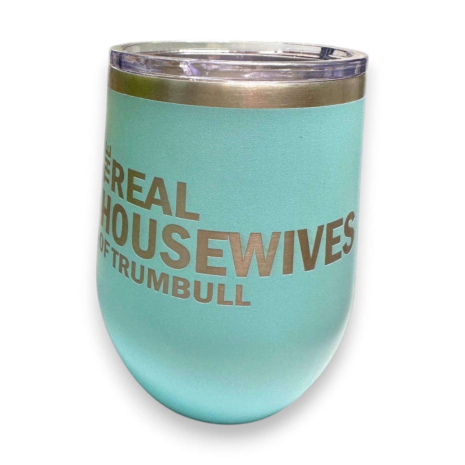 Mellow Monkey teal stainless steel 12-oz stemless wine tumbler with clear lid and "Real Housewives of Trumbull" text.