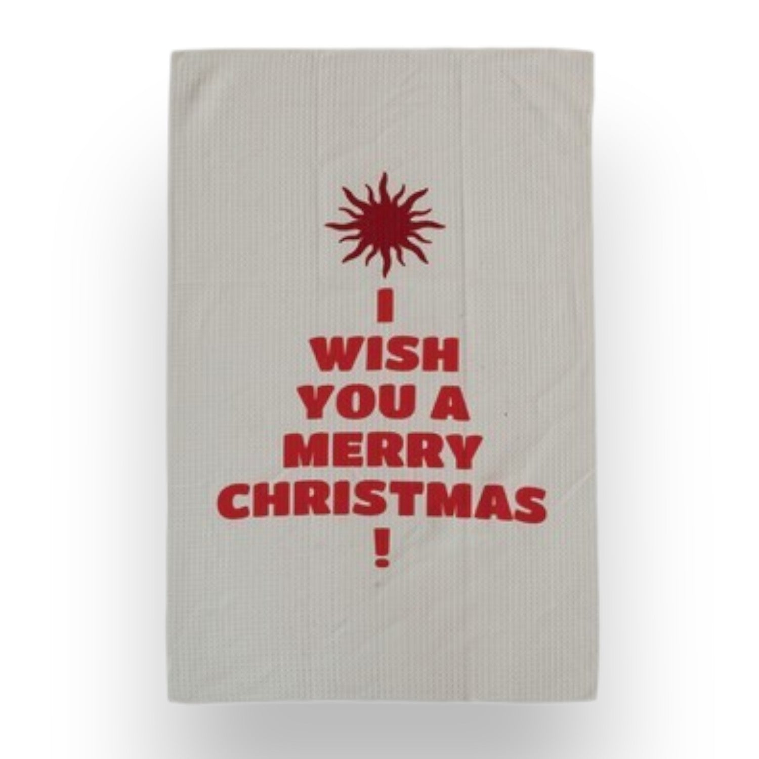 Mellow Monkey recycled microfibre tea towel in off-white with red I Wish You A Merry Christmas holiday print