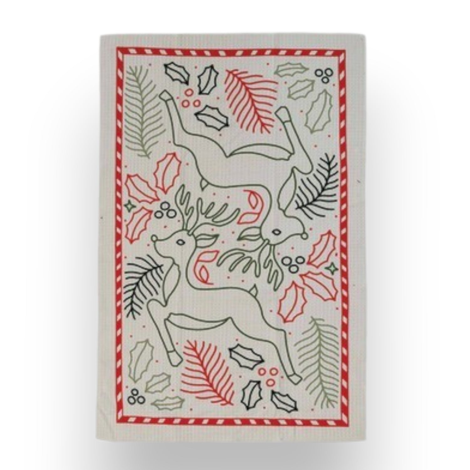Mellow Monkey recycled microfibre tea towel featuring a festive reindeer, holly, and berry holiday pattern.