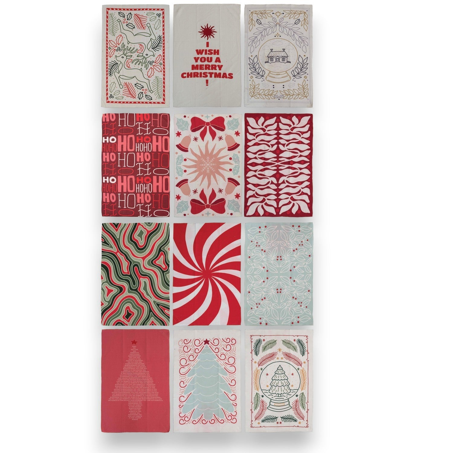 Mellow Monkey recycled microfibre tea towels featuring 12 festive holiday patterns in red, green, and neutral tones.