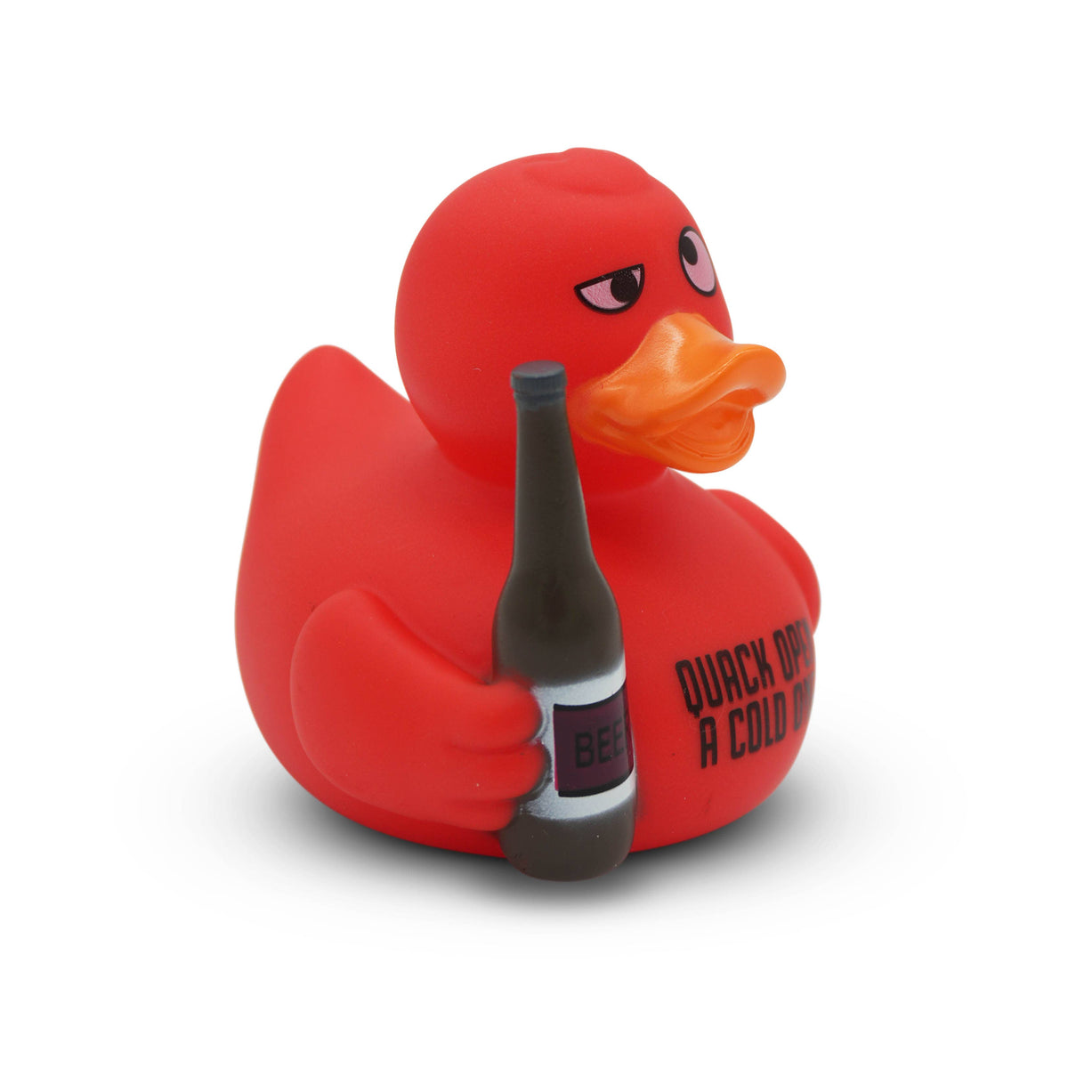 Mellow Monkey red rubber duck holding a beer bottle with Quack Open a Cold One printed on its chest